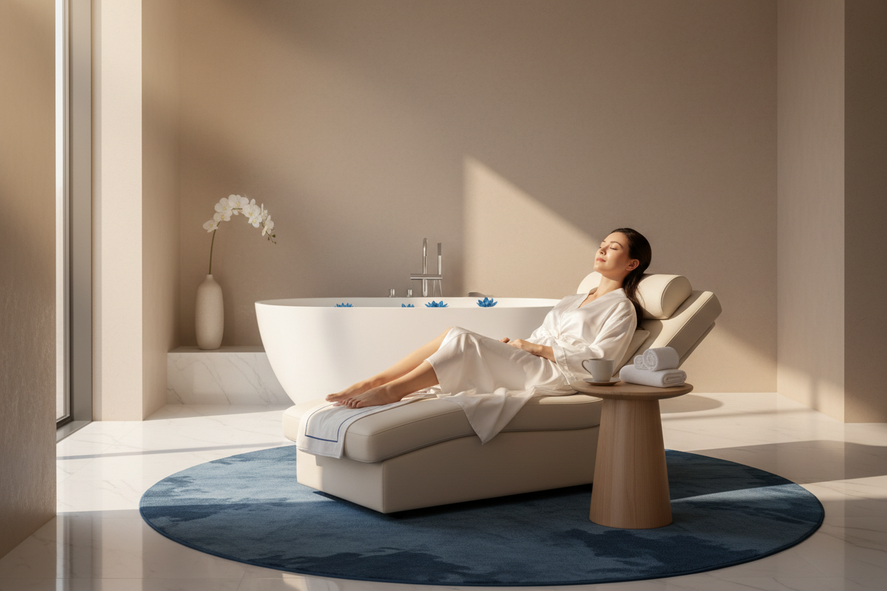 High-end lifestyle photography, a serene woman with glowing skin relaxing in a minimalist luxury spa environment, soft natural morning light, neutral beige and white tones with subtle deep blue #1f80ff accents in the decor, 8k resolution, cinematic lighting, wide shot (aspect ratio 16:9), ultra-realistic, professional color grading